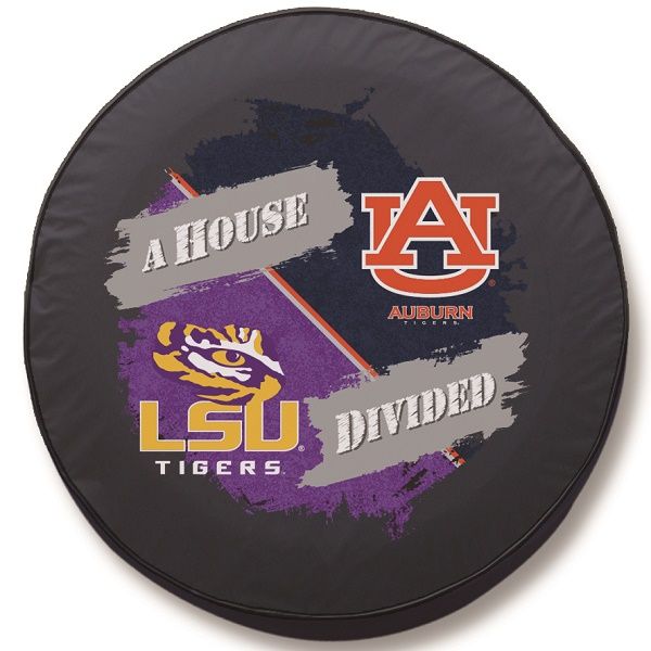 LSU Auburn House Divided Spare Tire Cover on Black Vinyl